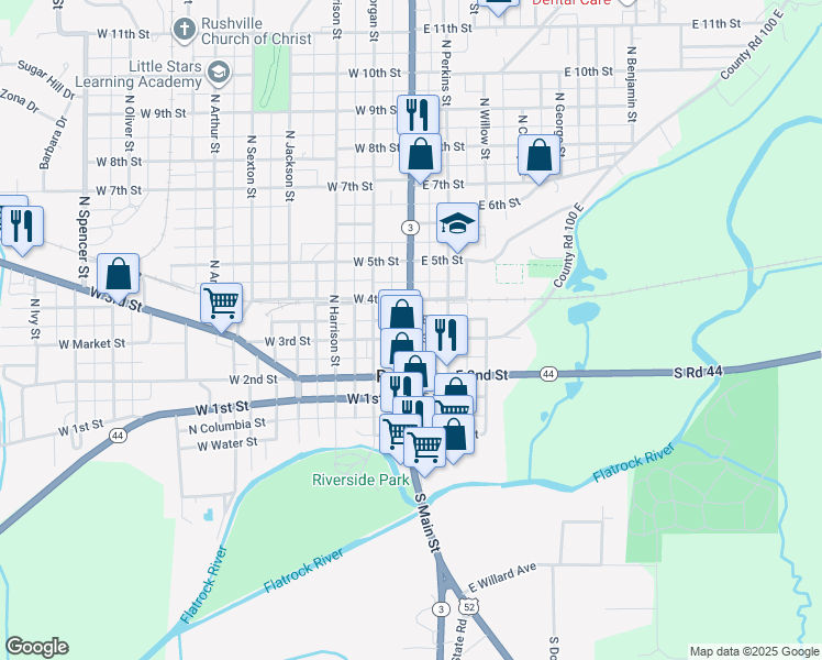 map of restaurants, bars, coffee shops, grocery stores, and more near 232 North Main Street in Rushville