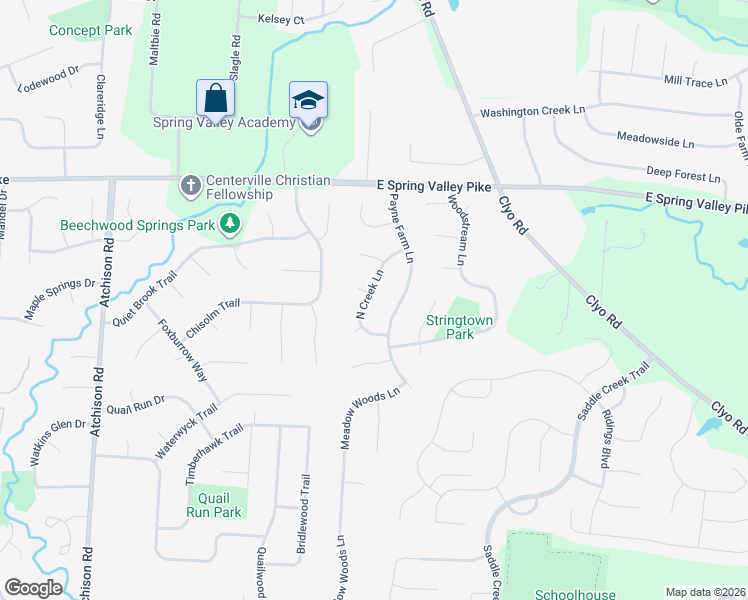 map of restaurants, bars, coffee shops, grocery stores, and more near 9214 North Creek Lane in Dayton