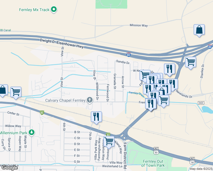 map of restaurants, bars, coffee shops, grocery stores, and more near 708 Tanglewood Drive in Fernley