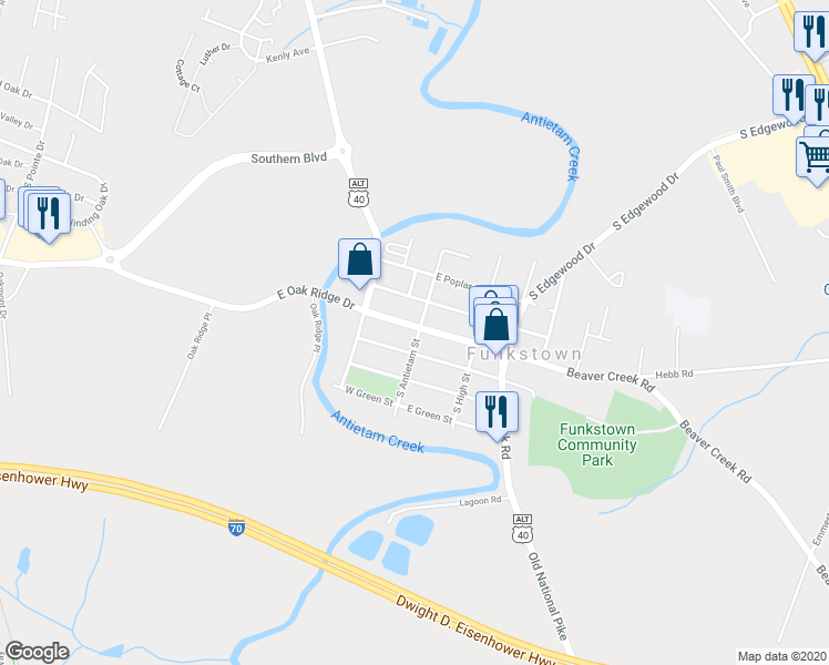 map of restaurants, bars, coffee shops, grocery stores, and more near 1 West Baltimore Street in Hagerstown