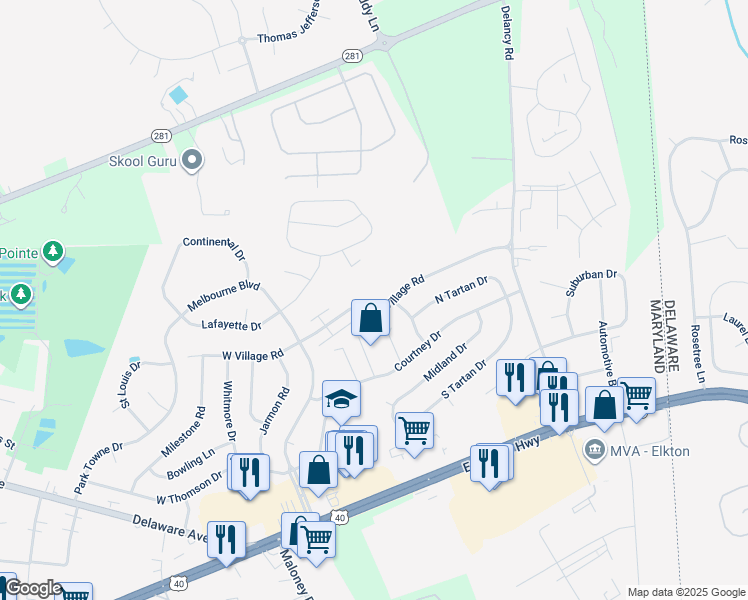 map of restaurants, bars, coffee shops, grocery stores, and more near 182 East Village Road in Elkton