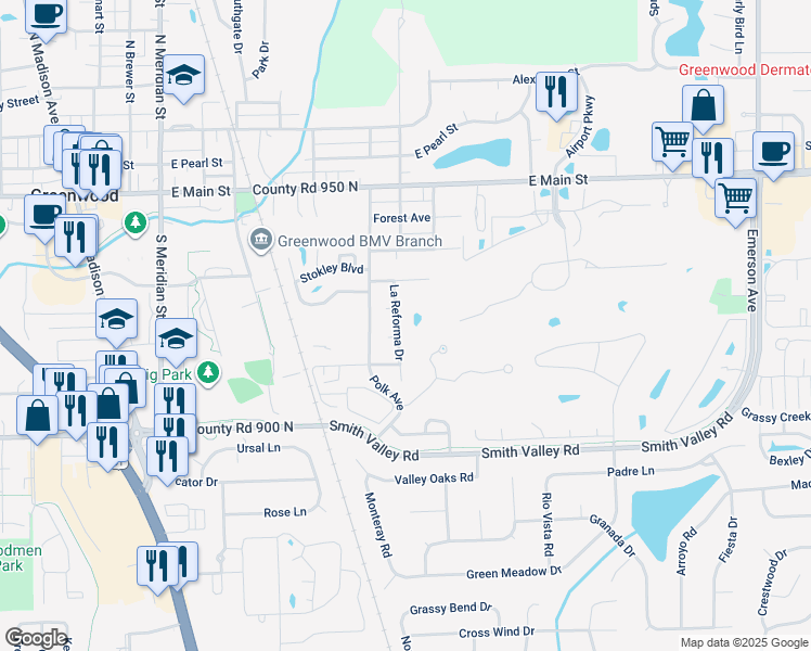 map of restaurants, bars, coffee shops, grocery stores, and more near 542 La Reforma Drive in Greenwood