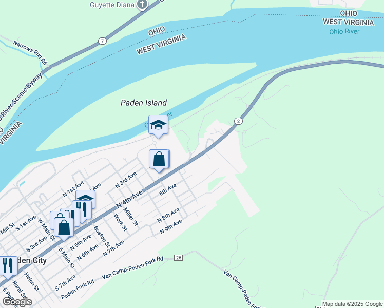 map of restaurants, bars, coffee shops, grocery stores, and more near 901 Bolen Road in Paden City