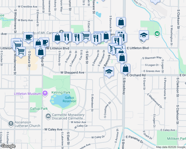 map of restaurants, bars, coffee shops, grocery stores, and more near 5950 South Elati Street in Littleton