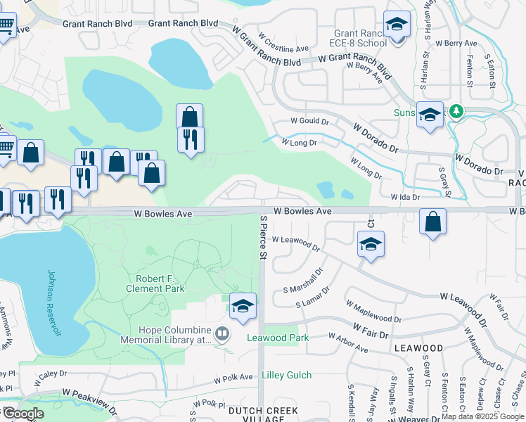 map of restaurants, bars, coffee shops, grocery stores, and more near W Bowles Ave & S Pierce St in Columbine