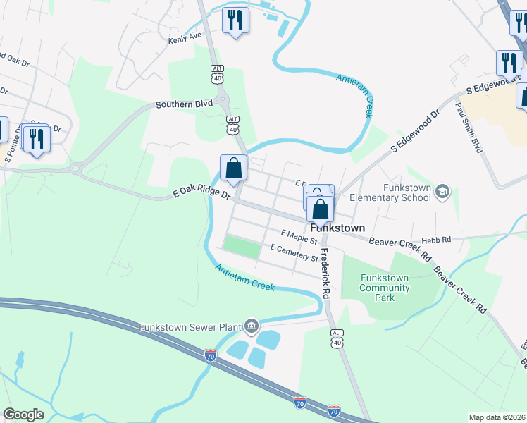 map of restaurants, bars, coffee shops, grocery stores, and more near 11 West Baltimore Street in Hagerstown