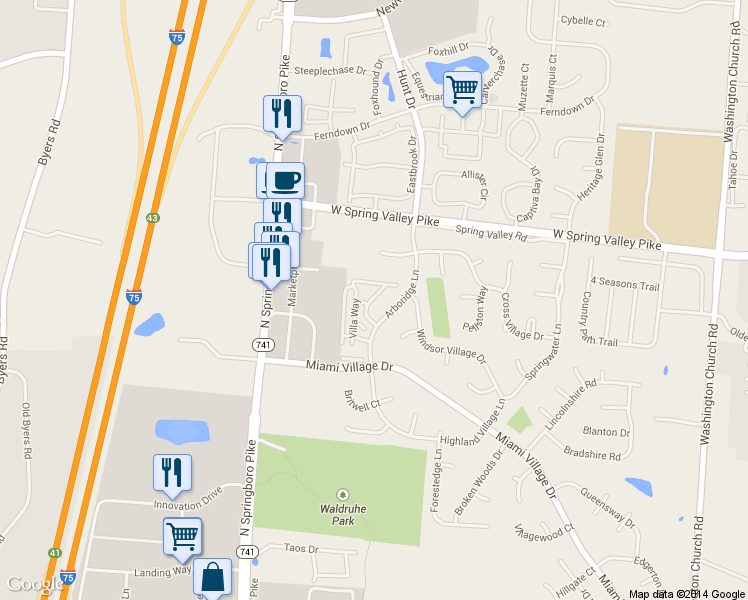 map of restaurants, bars, coffee shops, grocery stores, and more near 9523 Villa Way in Miamisburg