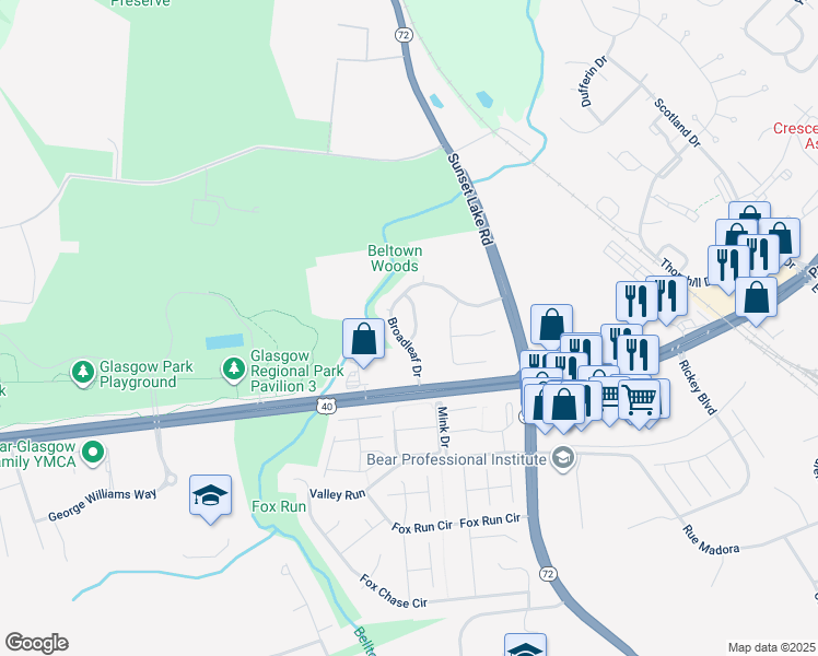 map of restaurants, bars, coffee shops, grocery stores, and more near 15 Glezman Drive in Newark