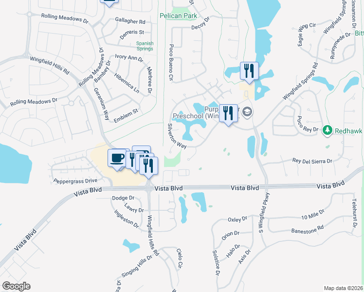 map of restaurants, bars, coffee shops, grocery stores, and more near 2799 Silverton Way in Sparks