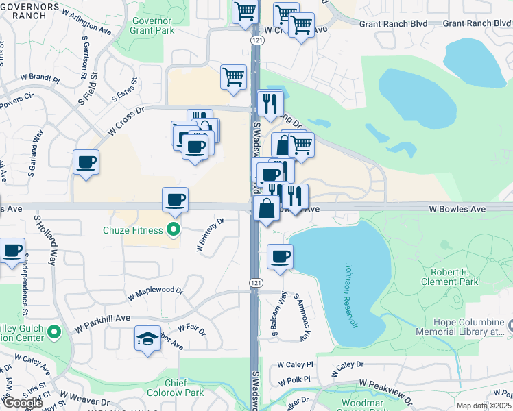 map of restaurants, bars, coffee shops, grocery stores, and more near S Wadsworth Blvd & W Bowles Ave in Littleton