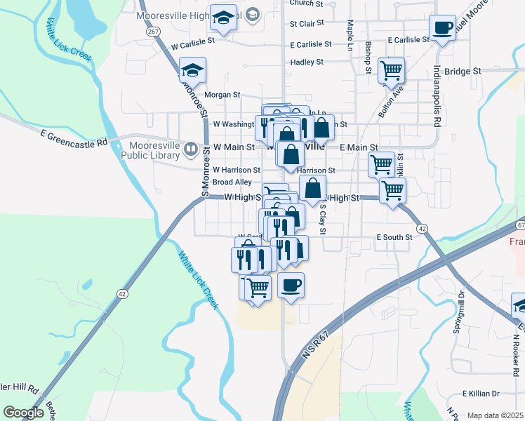 map of restaurants, bars, coffee shops, grocery stores, and more near 32 West High Street in Mooresville