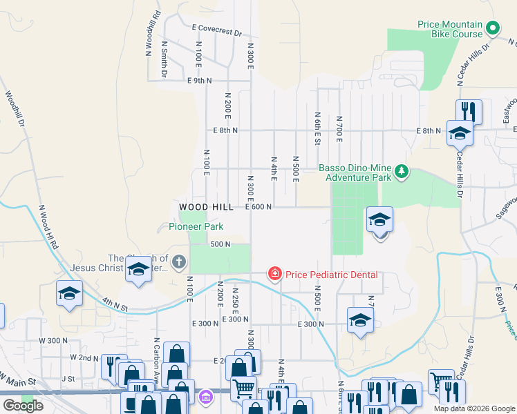 map of restaurants, bars, coffee shops, grocery stores, and more near East 600 North in Price
