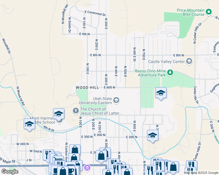 map of restaurants, bars, coffee shops, grocery stores, and more near East 600 North in Price