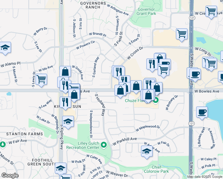 map of restaurants, bars, coffee shops, grocery stores, and more near W Bowles Ave & W Cross Dr in Littleton