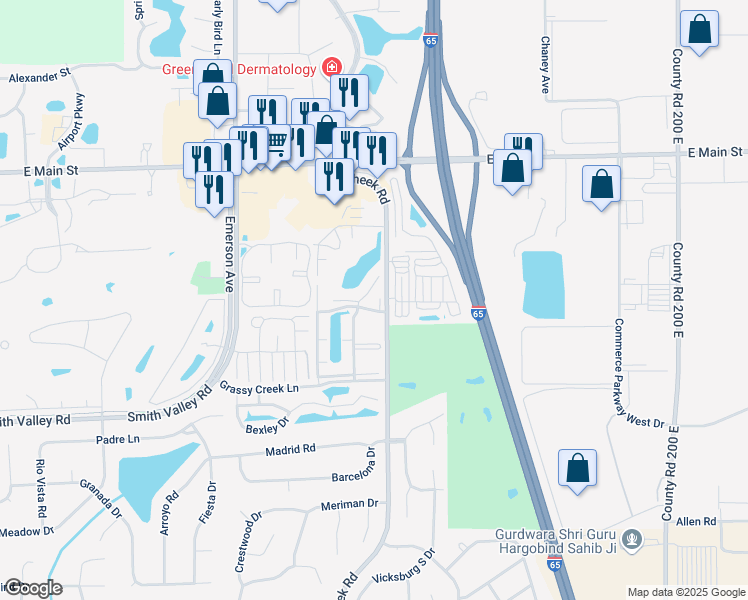 map of restaurants, bars, coffee shops, grocery stores, and more near 1180 Emerald Lakes Drive in Greenwood