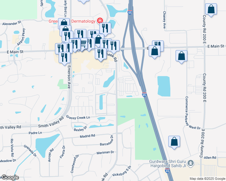 map of restaurants, bars, coffee shops, grocery stores, and more near 239-279 County Road 125 East in Greenwood