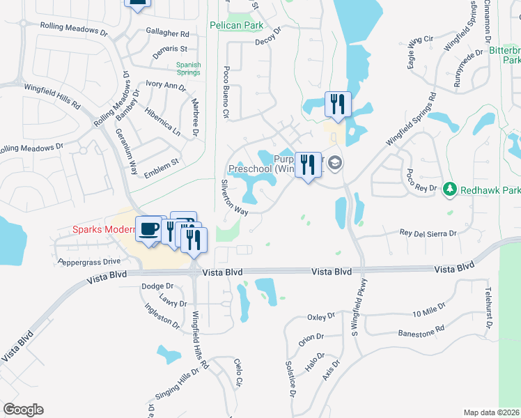 map of restaurants, bars, coffee shops, grocery stores, and more near 2776 Silverton Way in Sparks