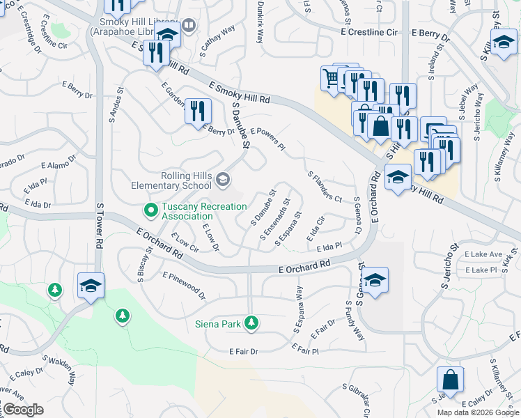 map of restaurants, bars, coffee shops, grocery stores, and more near 5843 South Danube Street in Aurora