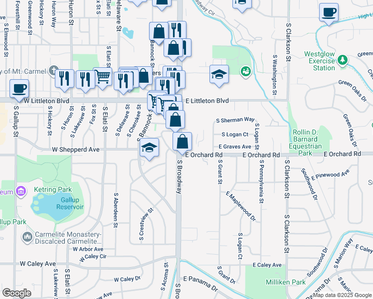 map of restaurants, bars, coffee shops, grocery stores, and more near 5869 South Broadway in Littleton