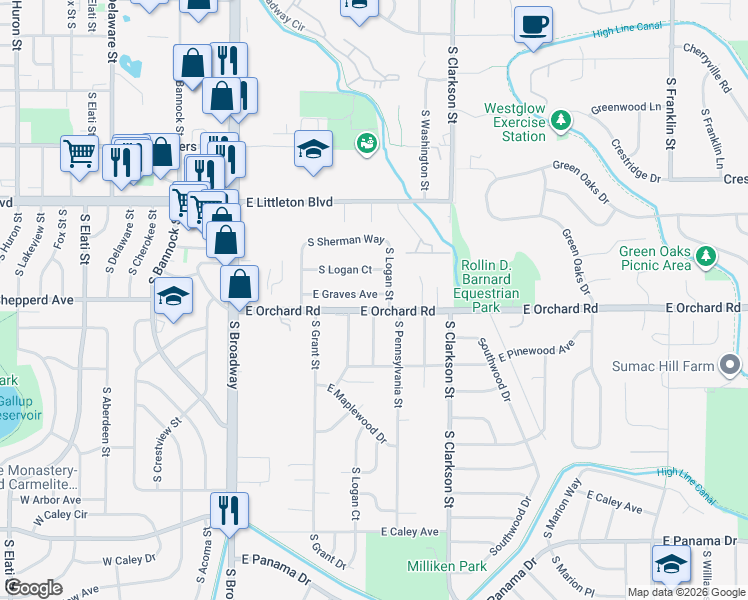 map of restaurants, bars, coffee shops, grocery stores, and more near 280 East Graves Avenue in Centennial