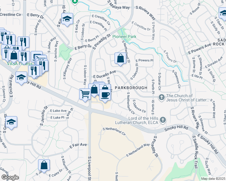 map of restaurants, bars, coffee shops, grocery stores, and more near 21185 East Ida Avenue in Centennial