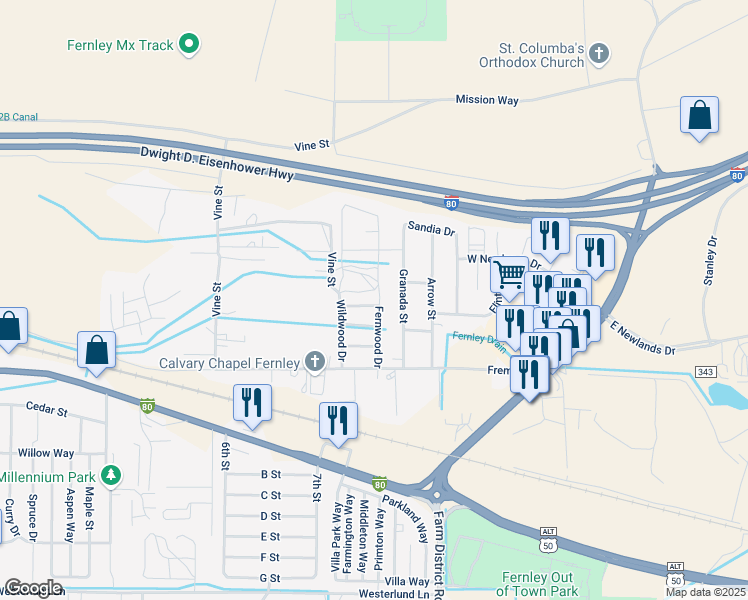 map of restaurants, bars, coffee shops, grocery stores, and more near 709 Tanglewood Drive in Fernley