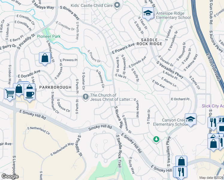 map of restaurants, bars, coffee shops, grocery stores, and more near 22031 East Alamo Place in Centennial
