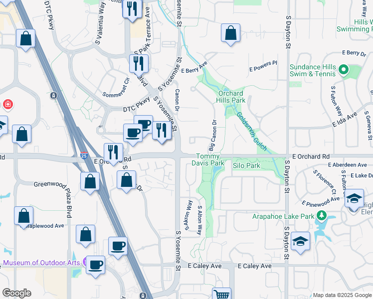map of restaurants, bars, coffee shops, grocery stores, and more near 8965 Big Canon Place in Greenwood Village