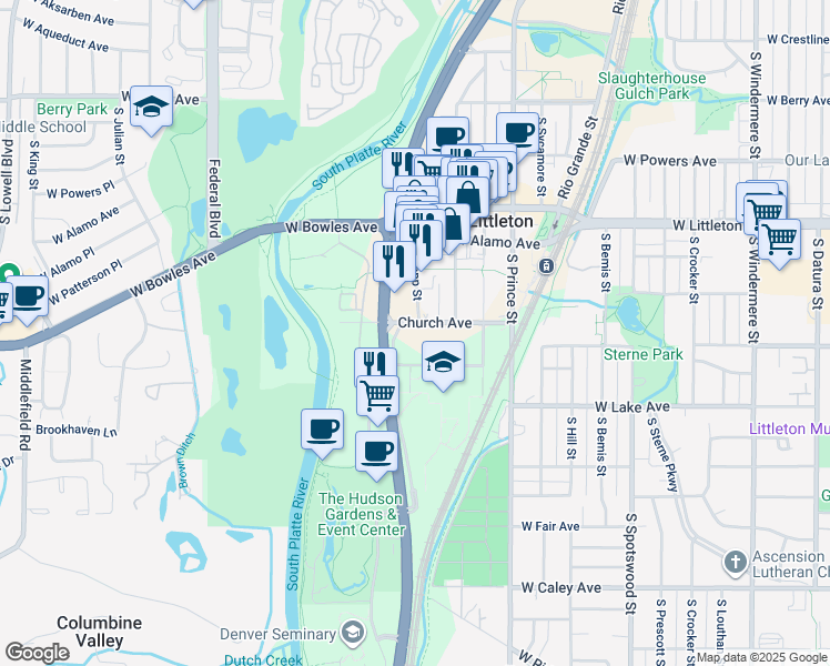 map of restaurants, bars, coffee shops, grocery stores, and more near in Littleton