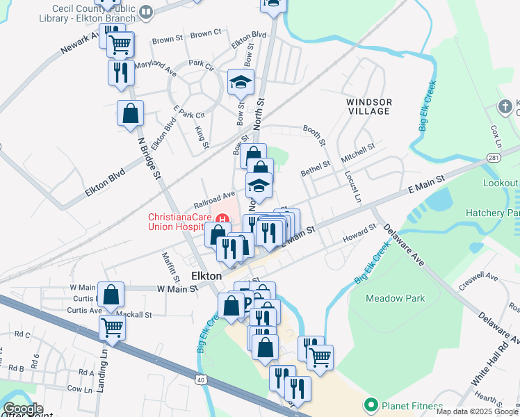 map of restaurants, bars, coffee shops, grocery stores, and more near in Elkton