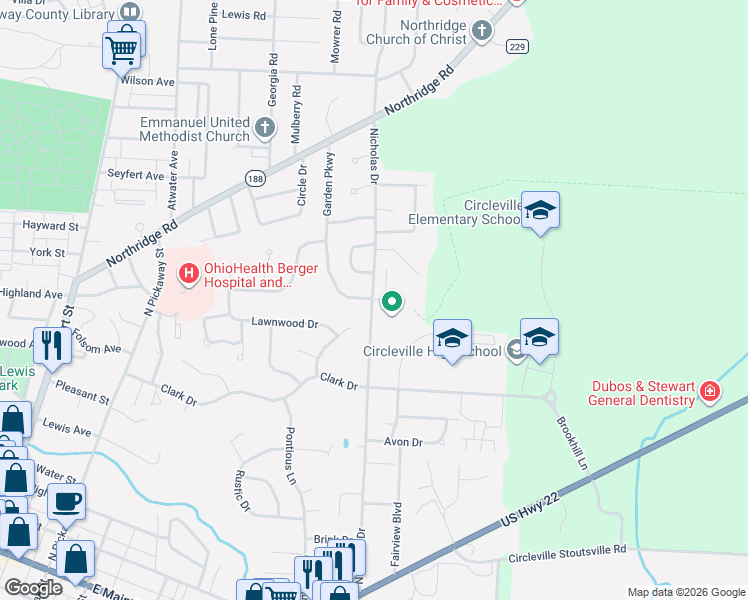 map of restaurants, bars, coffee shops, grocery stores, and more near 110 Island Road in Circleville