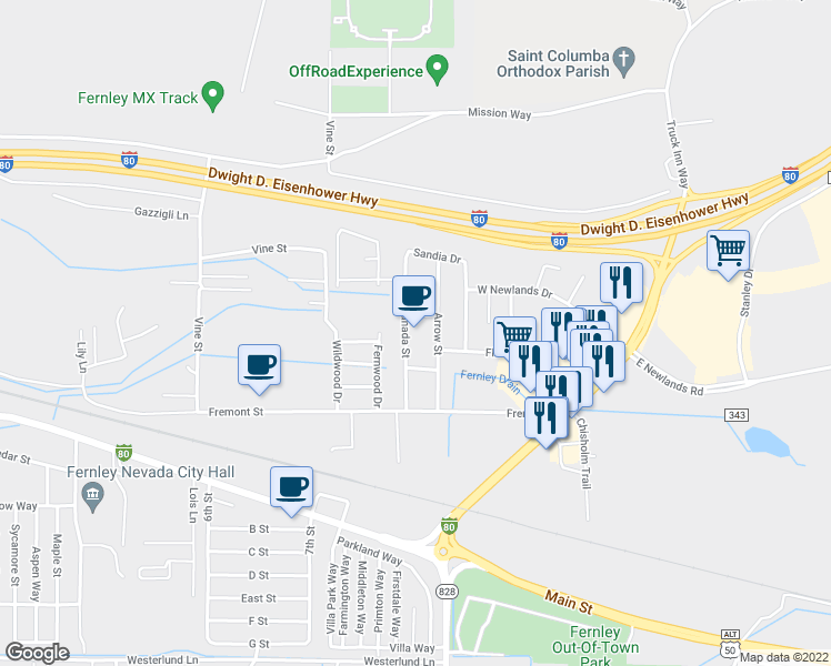 map of restaurants, bars, coffee shops, grocery stores, and more near 145 Granada Street in Fernley