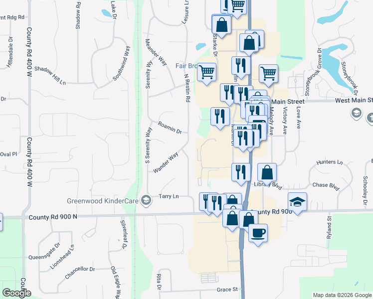 map of restaurants, bars, coffee shops, grocery stores, and more near 420 South Restin Road in Greenwood