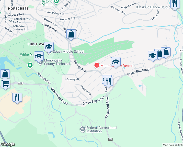 map of restaurants, bars, coffee shops, grocery stores, and more near 1321 Dorsey Avenue in Morgantown