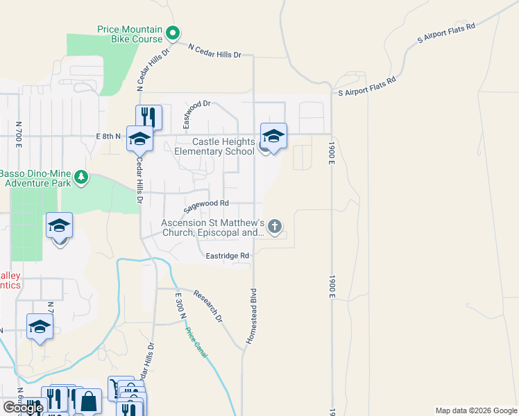 map of restaurants, bars, coffee shops, grocery stores, and more near 1716 Sagewood Road in Price
