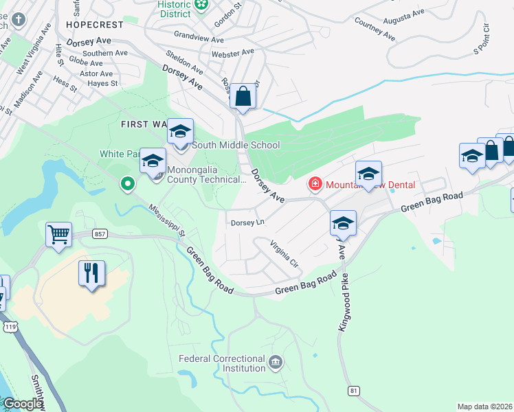 map of restaurants, bars, coffee shops, grocery stores, and more near 20 Dorsey Lane in Morgantown