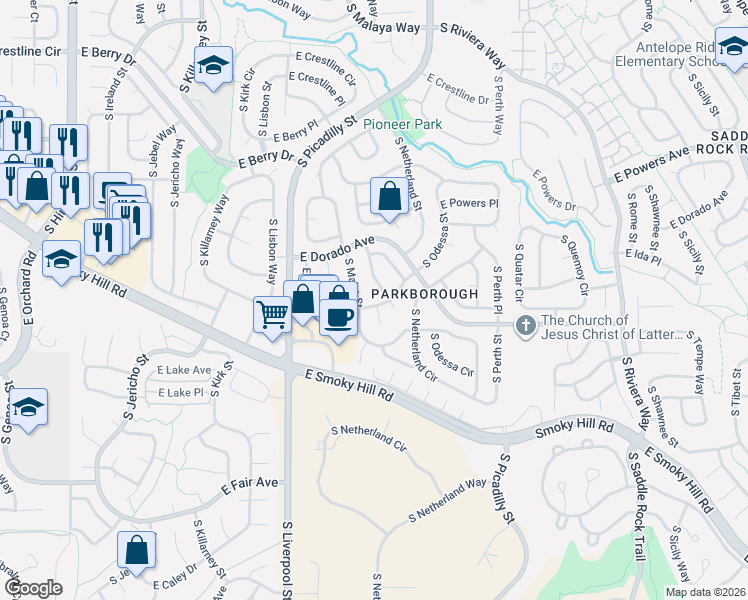 map of restaurants, bars, coffee shops, grocery stores, and more near 5884 South Nepal Street in Centennial