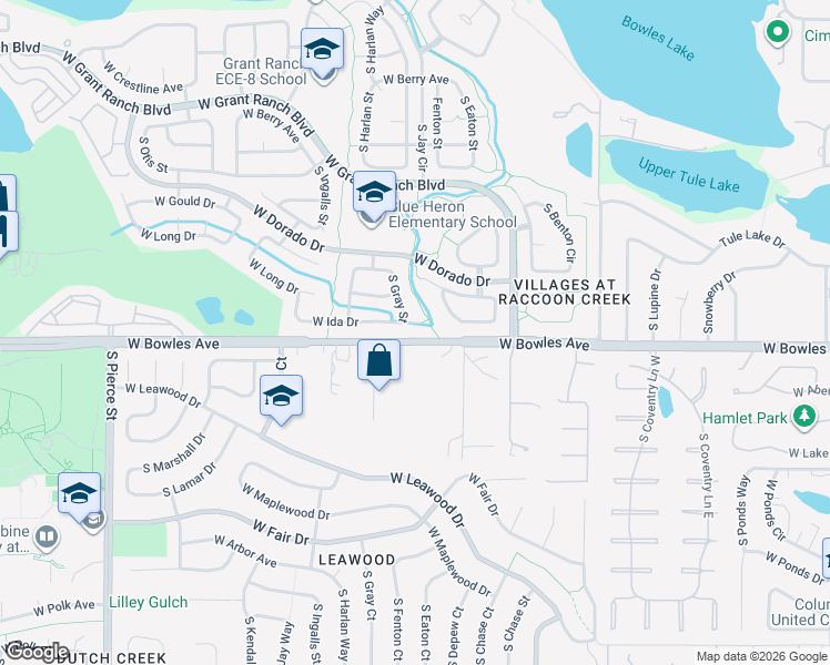 map of restaurants, bars, coffee shops, grocery stores, and more near 5873 South Gray Street in Littleton