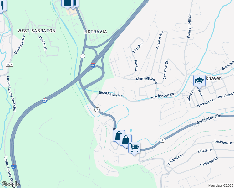 map of restaurants, bars, coffee shops, grocery stores, and more near 140 Brookhaven Road in Morgantown