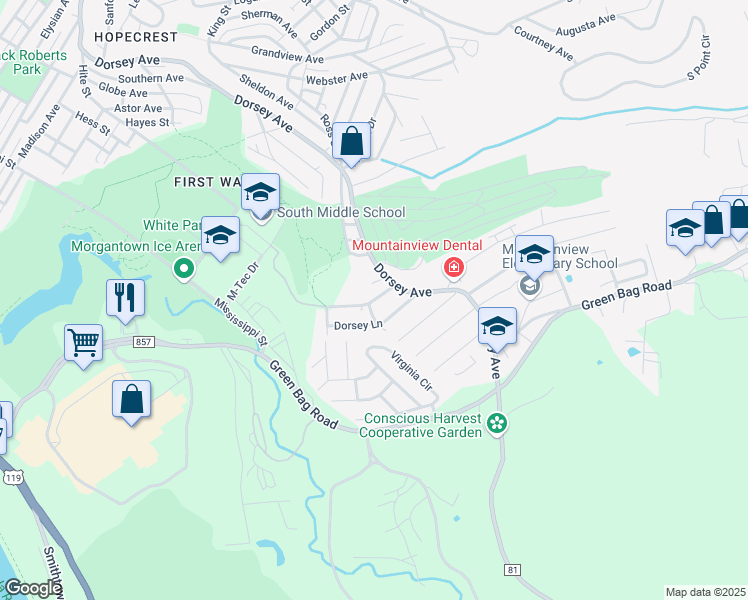 map of restaurants, bars, coffee shops, grocery stores, and more near 1 Dorsey Lane in Morgantown