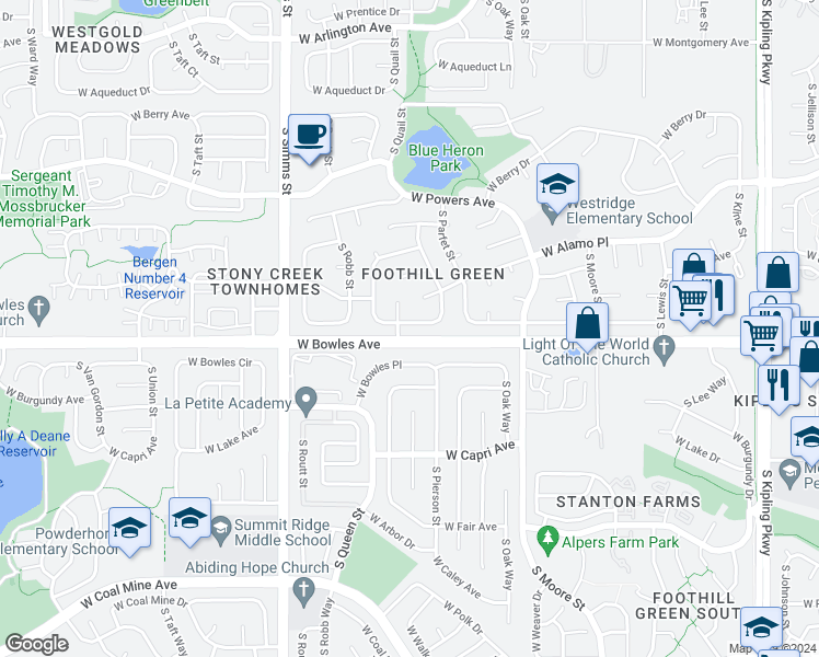 map of restaurants, bars, coffee shops, grocery stores, and more near 11182 West Patterson Place in Littleton