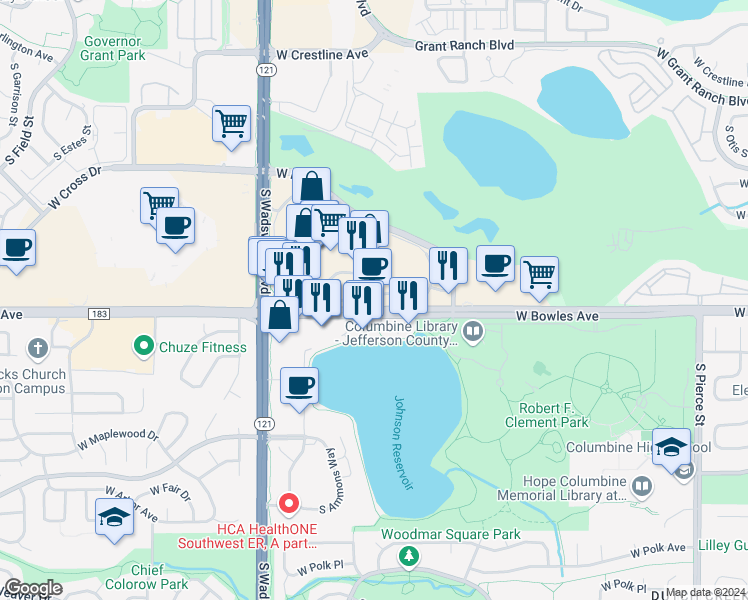 map of restaurants, bars, coffee shops, grocery stores, and more near 8025 West Bowles Avenue in Littleton