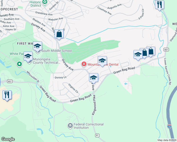 map of restaurants, bars, coffee shops, grocery stores, and more near 103 Apolla Drive in Morgantown