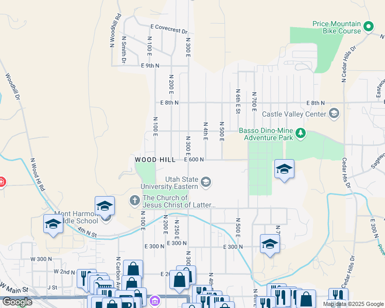 map of restaurants, bars, coffee shops, grocery stores, and more near 620 North 300 East in Price