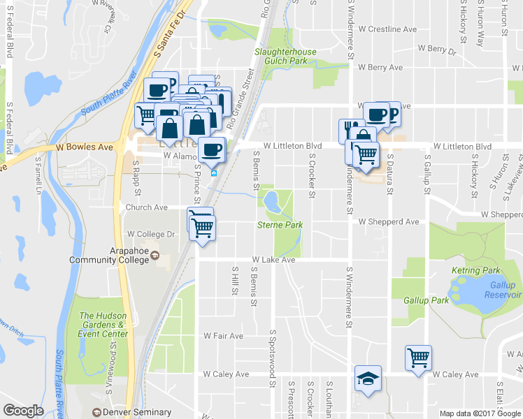 map of restaurants, bars, coffee shops, grocery stores, and more near 5870 S Bemis St in Littleton