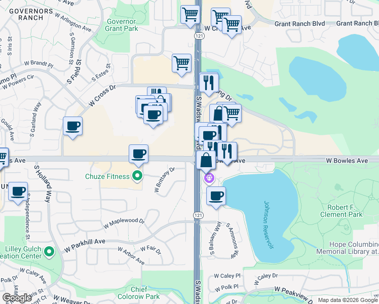 map of restaurants, bars, coffee shops, grocery stores, and more near 5609-5899 S Wadsworth Blvd in Littleton