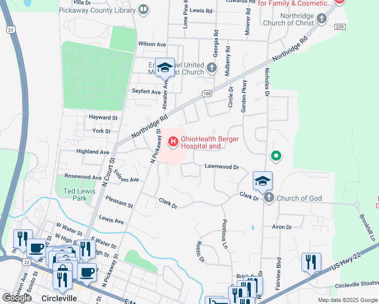 map of restaurants, bars, coffee shops, grocery stores, and more near 515 Lawnwood Court in Circleville