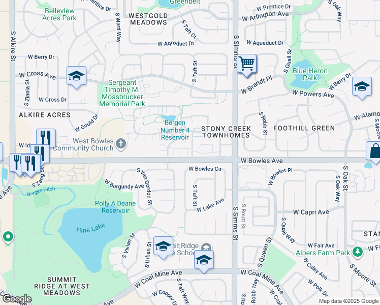 map of restaurants, bars, coffee shops, grocery stores, and more near 5842 South Taft Street in Littleton