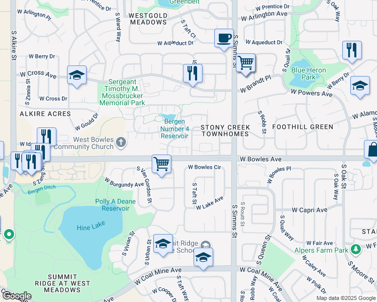 map of restaurants, bars, coffee shops, grocery stores, and more near 5842 South Taft Street in Littleton
