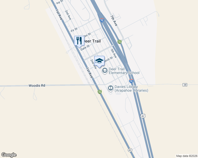 map of restaurants, bars, coffee shops, grocery stores, and more near 293 2nd Avenue in Deer Trail